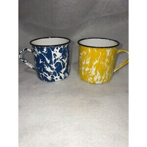Vintage Enamelware Cups Set of Two Swirl Design White Blue Yellow